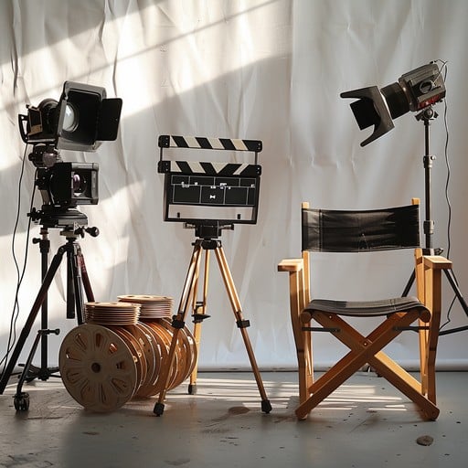 Filmmaking equipment including a camera, lights, and a director's chair